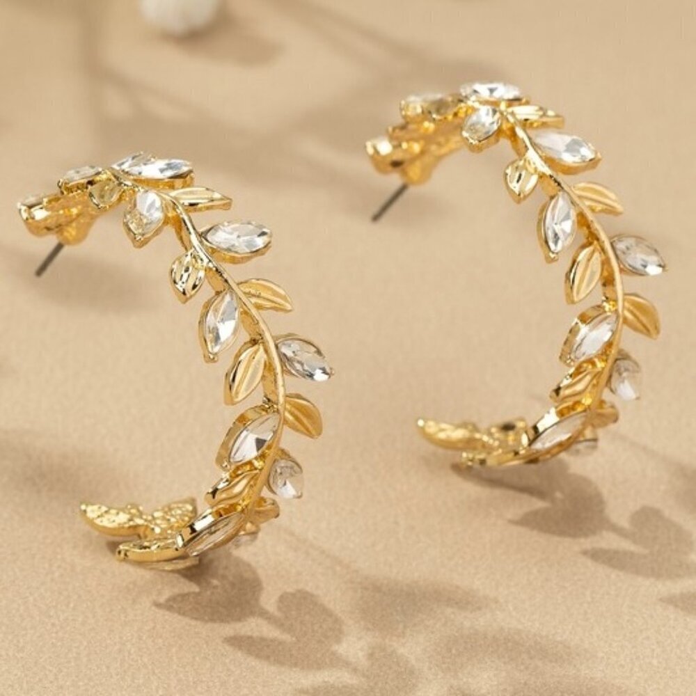 BELLE RHINESTONE LEAF HOOP EARRINGS